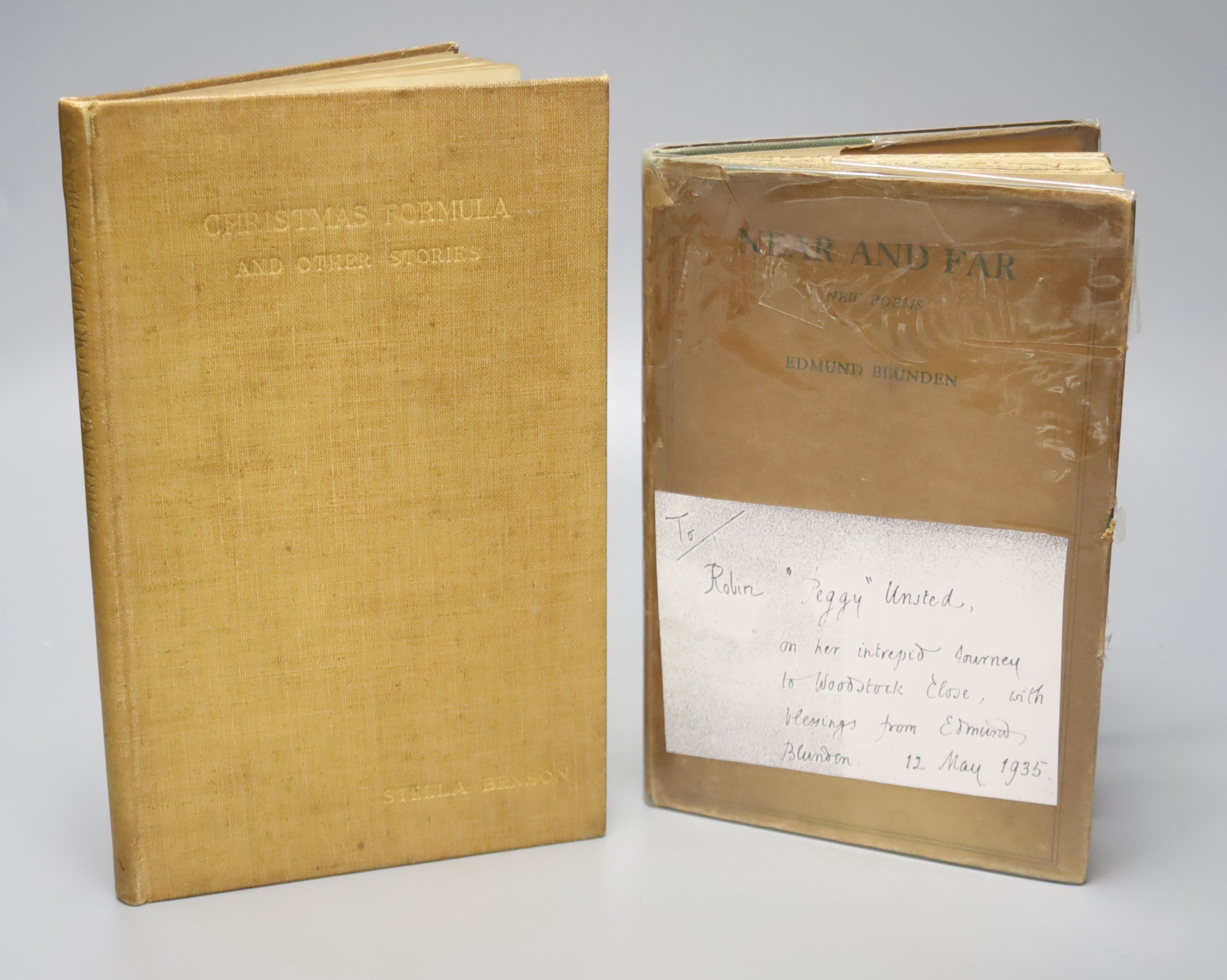 Blunden, Edmund, 'Near and Far, New Poems', 8vo hardback, (dj present, some tears to borders, plastic wrapped) inscribed 'To Robin 'Peggy' Unsted, on her intrepid journey to woodstock close, with blessings from Edmund Bl